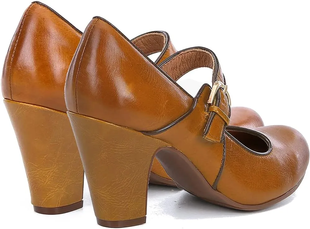 SHODENSE Women Vintage Chunky High Heel Mary Jane Shoes Round Closed Toe Ankle Strap Dress Sandals 3" Block Heels Mary Jane Lolita Pumps Two-Toned Patchwork Buckle Office Lady Wedding Retro 4-11 M US