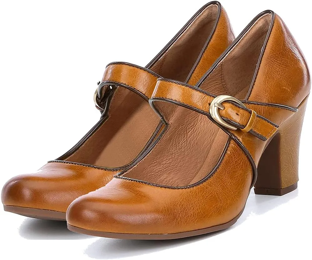 SHODENSE Women Vintage Chunky High Heel Mary Jane Shoes Round Closed Toe Ankle Strap Dress Sandals 3" Block Heels Mary Jane Lolita Pumps Two-Toned Patchwork Buckle Office Lady Wedding Retro 4-11 M US