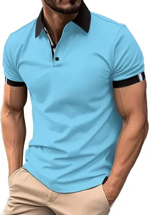 Short Sleeve Classic Polo Shirts for Men 3 Button V-Neck Golf Shirt Solid Color Athletic Business Work Gym Basic Tees