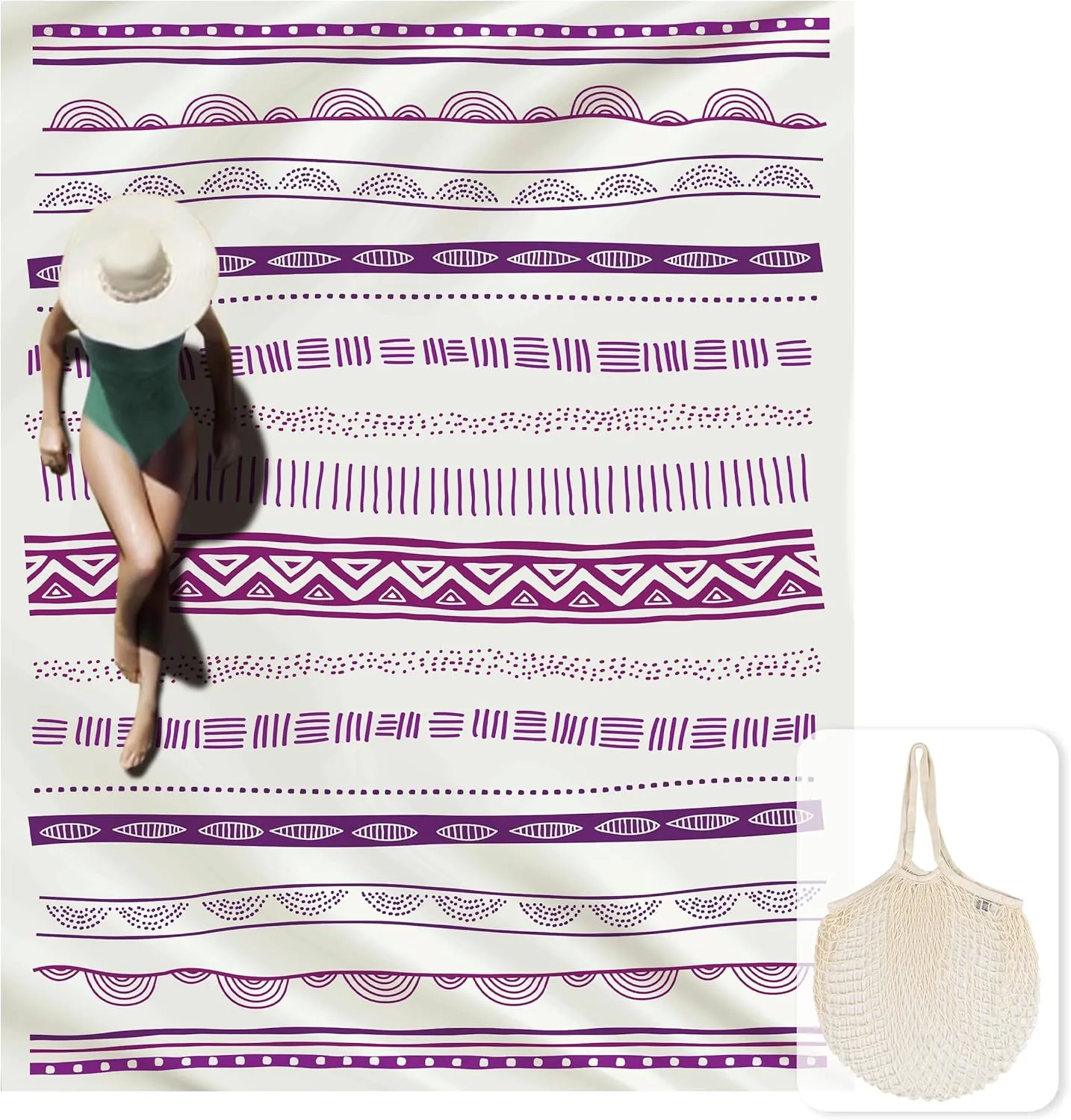 Silky Soft 108"x84" Sand Proof Beach Blanket Sand Proof Mat with Corner Pockets and Fashion Mesh Bag for Beach Party, Geometric Boho Stripes