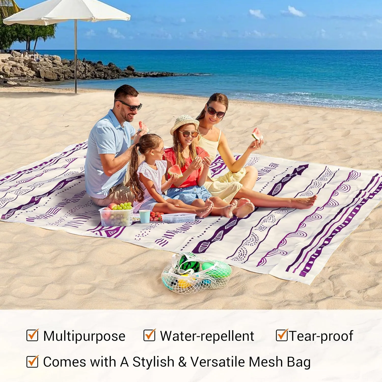 Silky Soft 108"x84" Sand Proof Beach Blanket Sand Proof Mat with Corner Pockets and Fashion Mesh Bag for Beach Party, Geometric Boho Stripes
