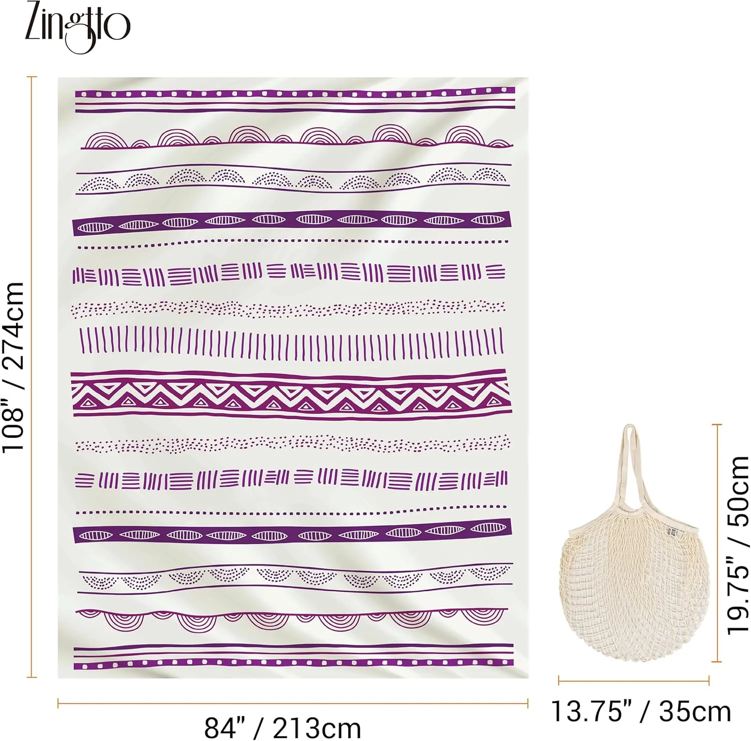 Silky Soft 108"x84" Sand Proof Beach Blanket Sand Proof Mat with Corner Pockets and Fashion Mesh Bag for Beach Party, Geometric Boho Stripes