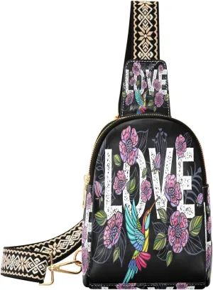 Small Sling Bag for Women Embroidery Hummingbird Palm Tree Leaves Flowers Tropical Fashion Leather Crossbody Bag Trendy Crossbody Purse Fanny Pack with Adjustable Guitar Strap