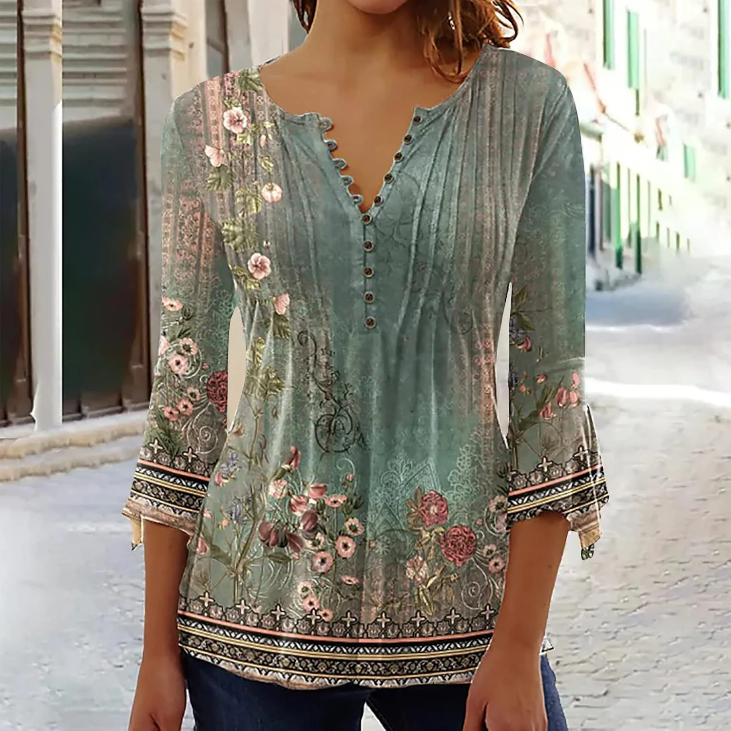 SMIDOW Womens Tunic Tops Trendy Vintage Boho Shirts 3/4 Bell Sleeve Notch v Neck t-Shirt 2023 Casual Blouses Empire Waist