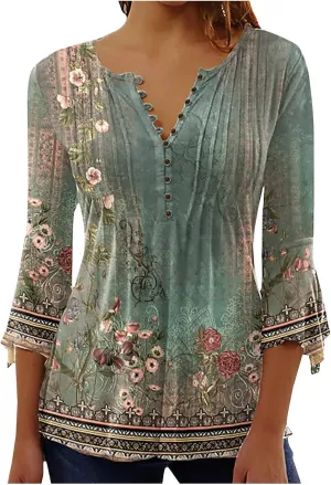 SMIDOW Womens Tunic Tops Trendy Vintage Boho Shirts 3/4 Bell Sleeve Notch v Neck t-Shirt 2023 Casual Blouses Empire Waist