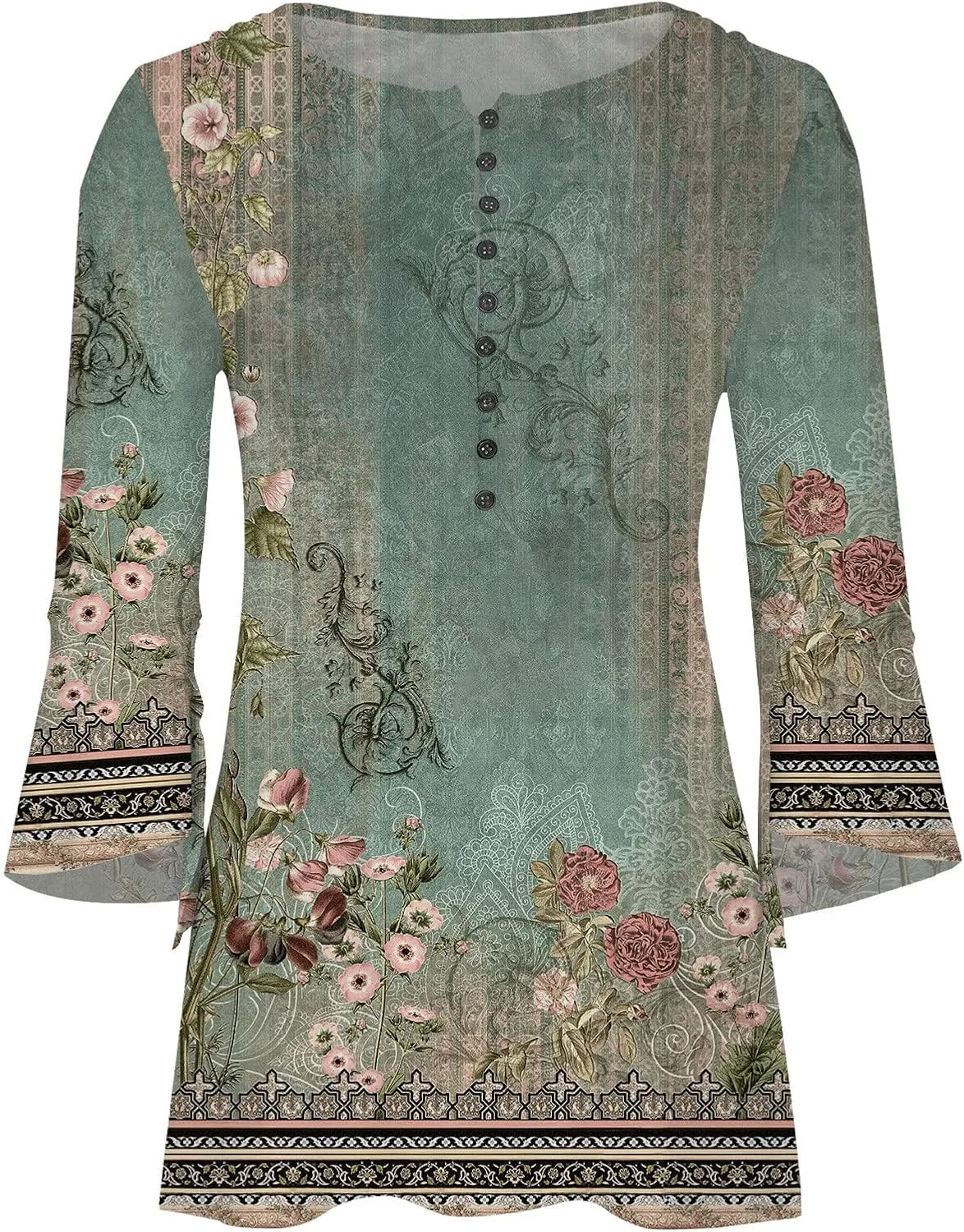 SMIDOW Womens Tunic Tops Trendy Vintage Boho Shirts 3/4 Bell Sleeve Notch v Neck t-Shirt 2023 Casual Blouses Empire Waist