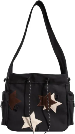 Star Messenger Bag, 14.5inch Canvas Y2k Messenger Bag with Side Pocket & Drawstring, Cute Star Purse, Aesthetic Messenger Bags, Tote Bag for Travel Work School
