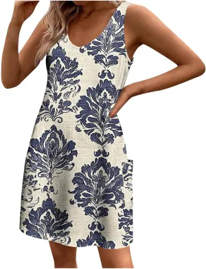 Stessotudo Sundress for Women Sleeveless Floral Print Midi Dress Boho Summer Dresses Flowy Beach Vacation Resort Wear