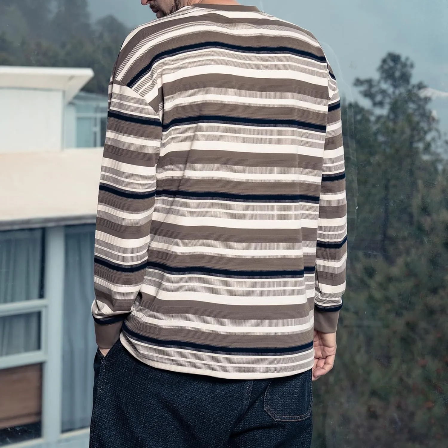 Striped Long Sleeved T-Shirt for Men Spring Casual T-Shirt for Men Retro Autumn Pullover Stripe tee Shirt