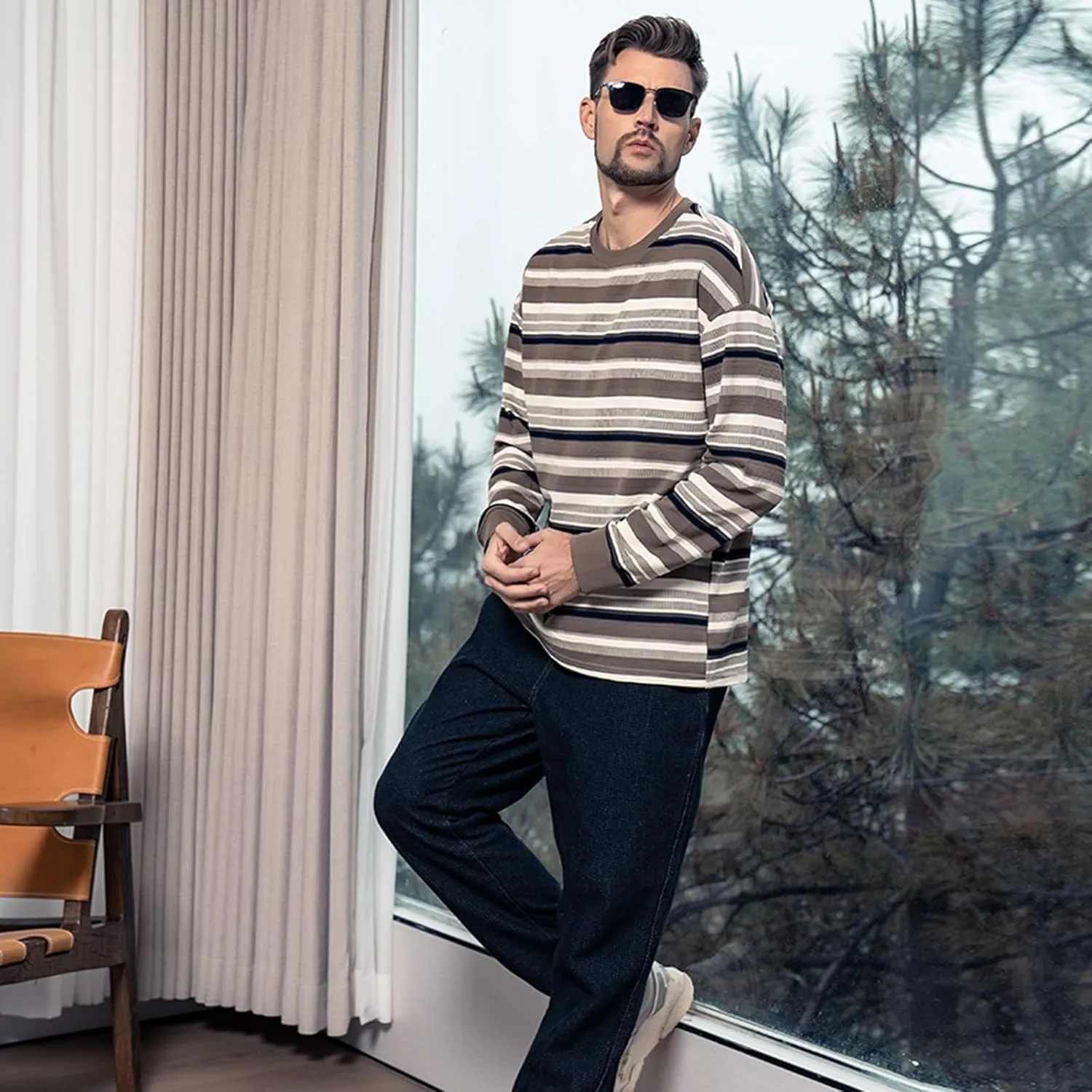 Striped Long Sleeved T-Shirt for Men Spring Casual T-Shirt for Men Retro Autumn Pullover Stripe tee Shirt