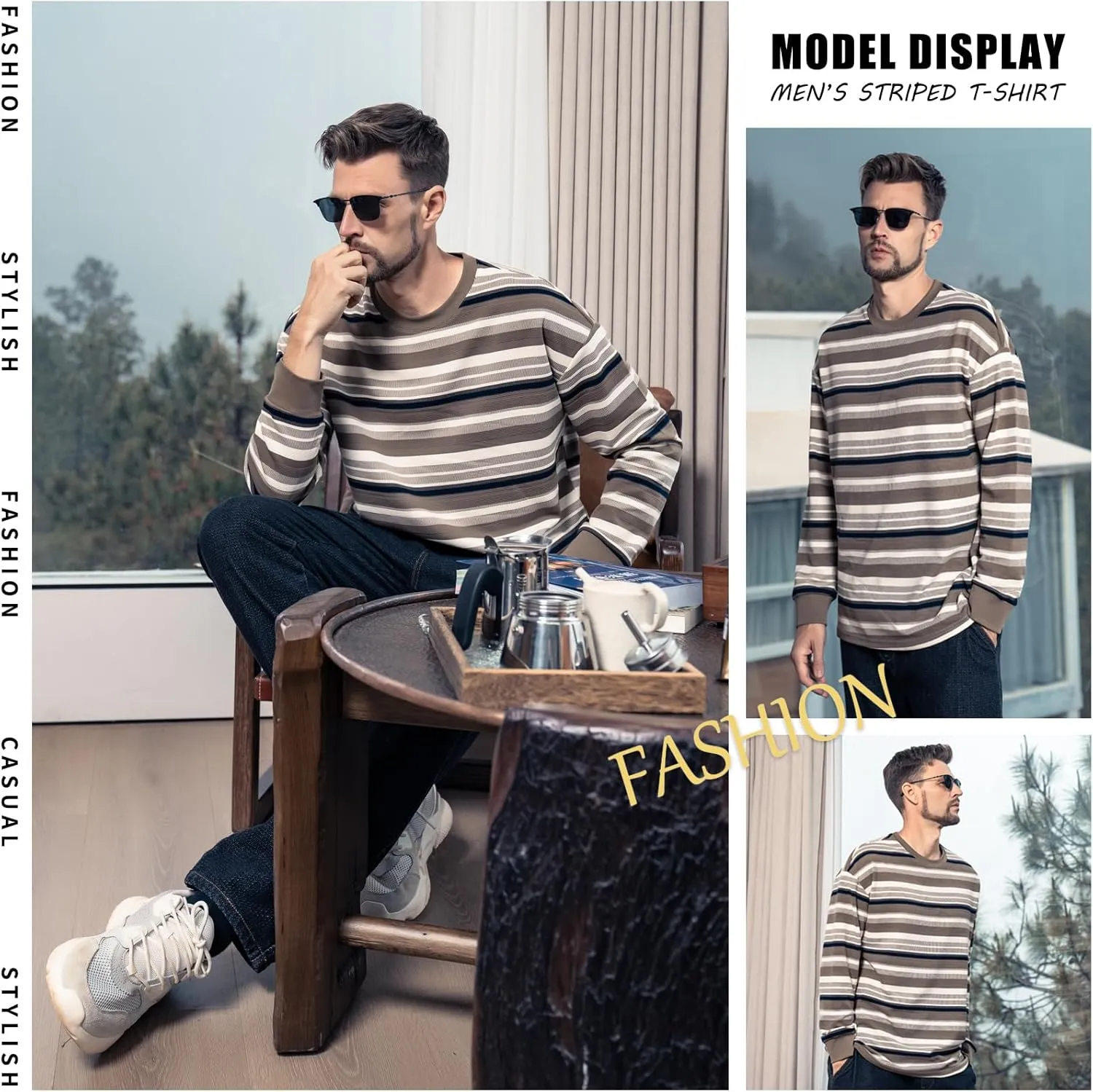 Striped Long Sleeved T-Shirt for Men Spring Casual T-Shirt for Men Retro Autumn Pullover Stripe tee Shirt