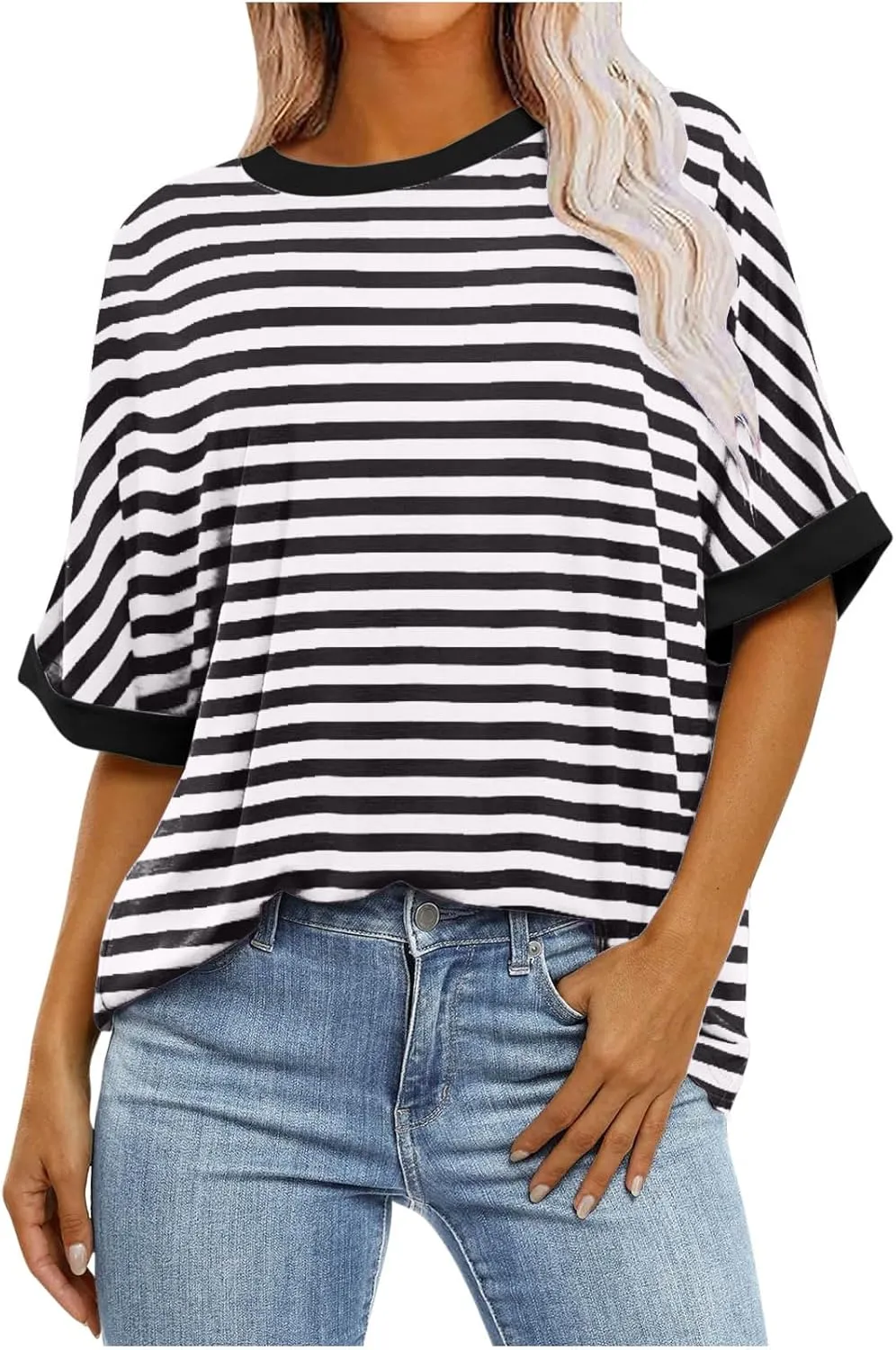 Striped Tops for Women Crewneck Oversized Summer Tops for Women 2024 Casual Loose Fit Basic Tee Shirts