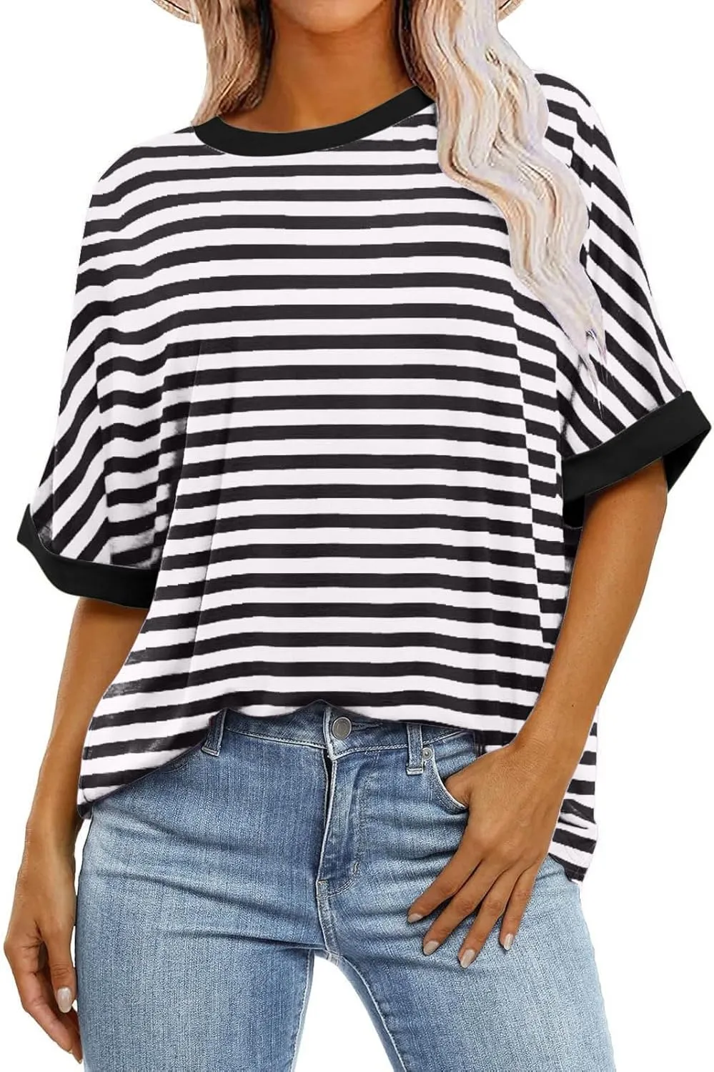 Striped Tops for Women Crewneck Oversized Summer Tops for Women 2024 Casual Loose Fit Basic Tee Shirts