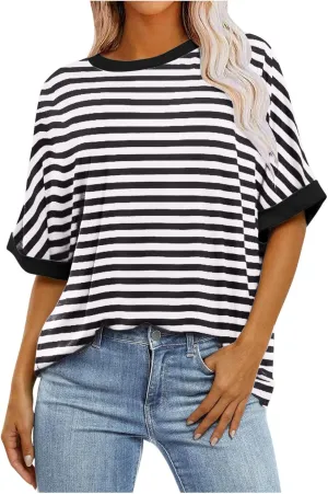 Striped Tops for Women Crewneck Oversized Summer Tops for Women 2024 Casual Loose Fit Basic Tee Shirts