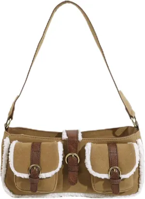 Suede Handbag for Women Shoulder Bag with Lamb Wool Soft Plush Top Handle Bag Vintage Tote Bag Medium Underarm Bag