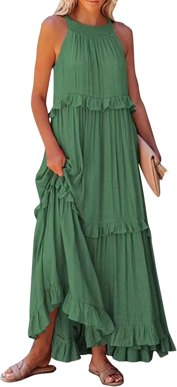 Summer Beach Dresses for Women 2024 Halter Tie Back Long Dress Tiered Smocked Ruffle Maxi Frocks Sleeveless Sundress