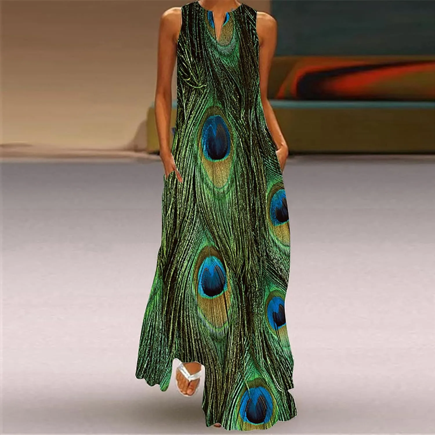 Summer Dresses for Women 2024 Sleeveless Flower Graphic Print Sundress Loose Casual Vintage Maxi Dress