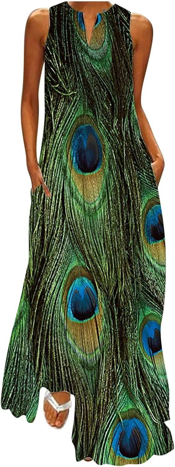 Summer Dresses for Women 2024 Sleeveless Flower Graphic Print Sundress Loose Casual Vintage Maxi Dress