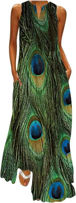 Summer Dresses for Women 2024 Sleeveless Flower Graphic Print Sundress Loose Casual Vintage Maxi Dress
