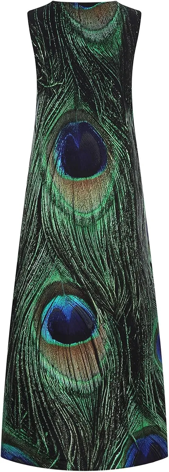 Summer Dresses for Women 2024 Sleeveless Flower Graphic Print Sundress Loose Casual Vintage Maxi Dress