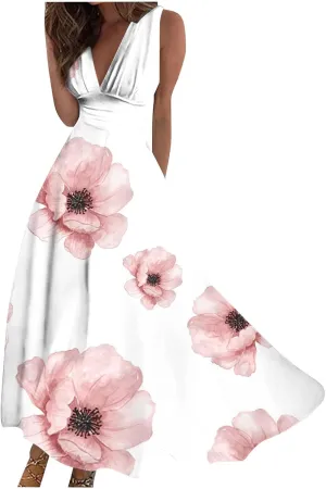 Summer Dresses for Women 2024 Sleeveless Maxi Dress Summer Beach Outfits for Women Floral Print Dress Swing Dress