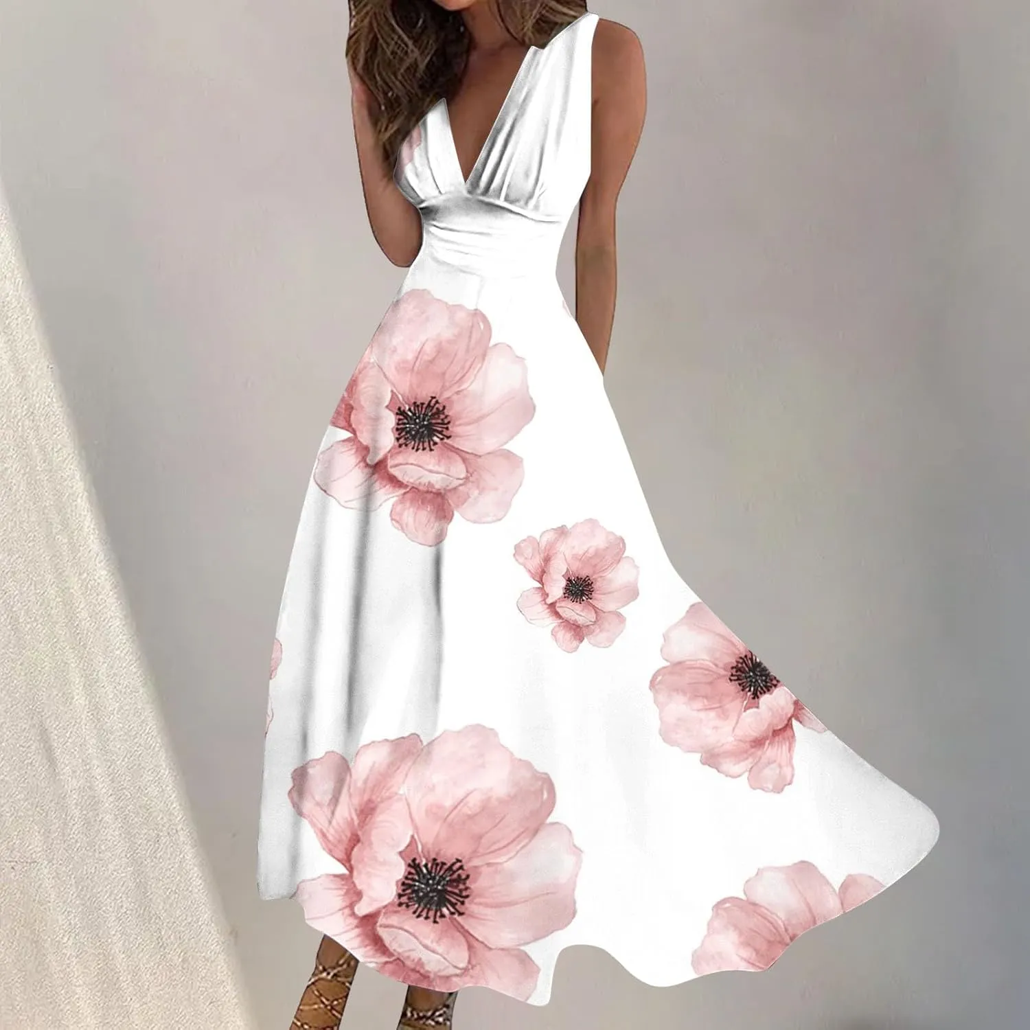 Summer Dresses for Women 2024 Sleeveless Maxi Dress Summer Beach Outfits for Women Floral Print Dress Swing Dress