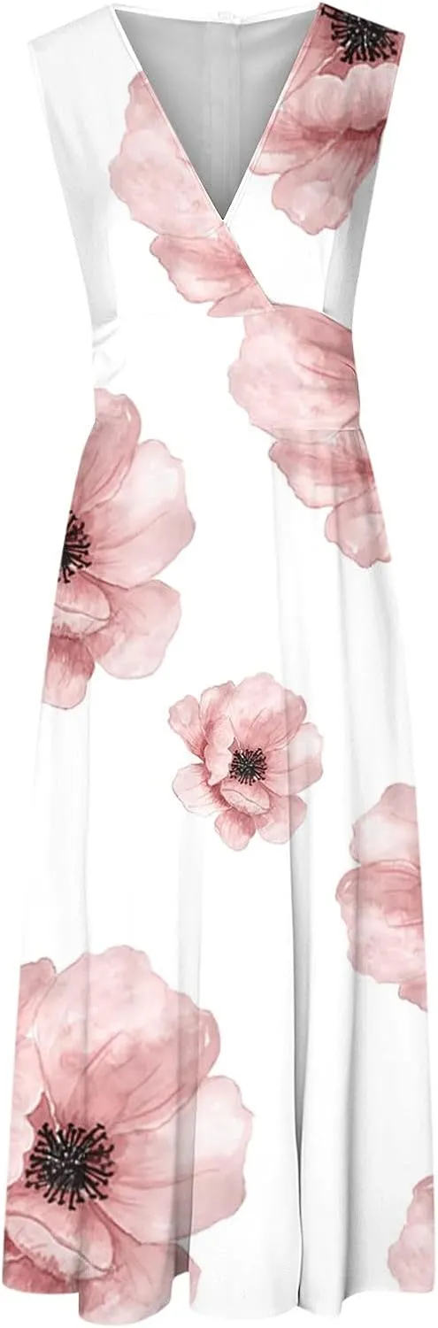 Summer Dresses for Women 2024 Sleeveless Maxi Dress Summer Beach Outfits for Women Floral Print Dress Swing Dress