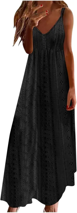 Summer Dresses for Women 2024 Spaghetti Strap V Neck Eyelet Maxi Dress Elegant Casual Sleeveless Hollow Out Sundress
