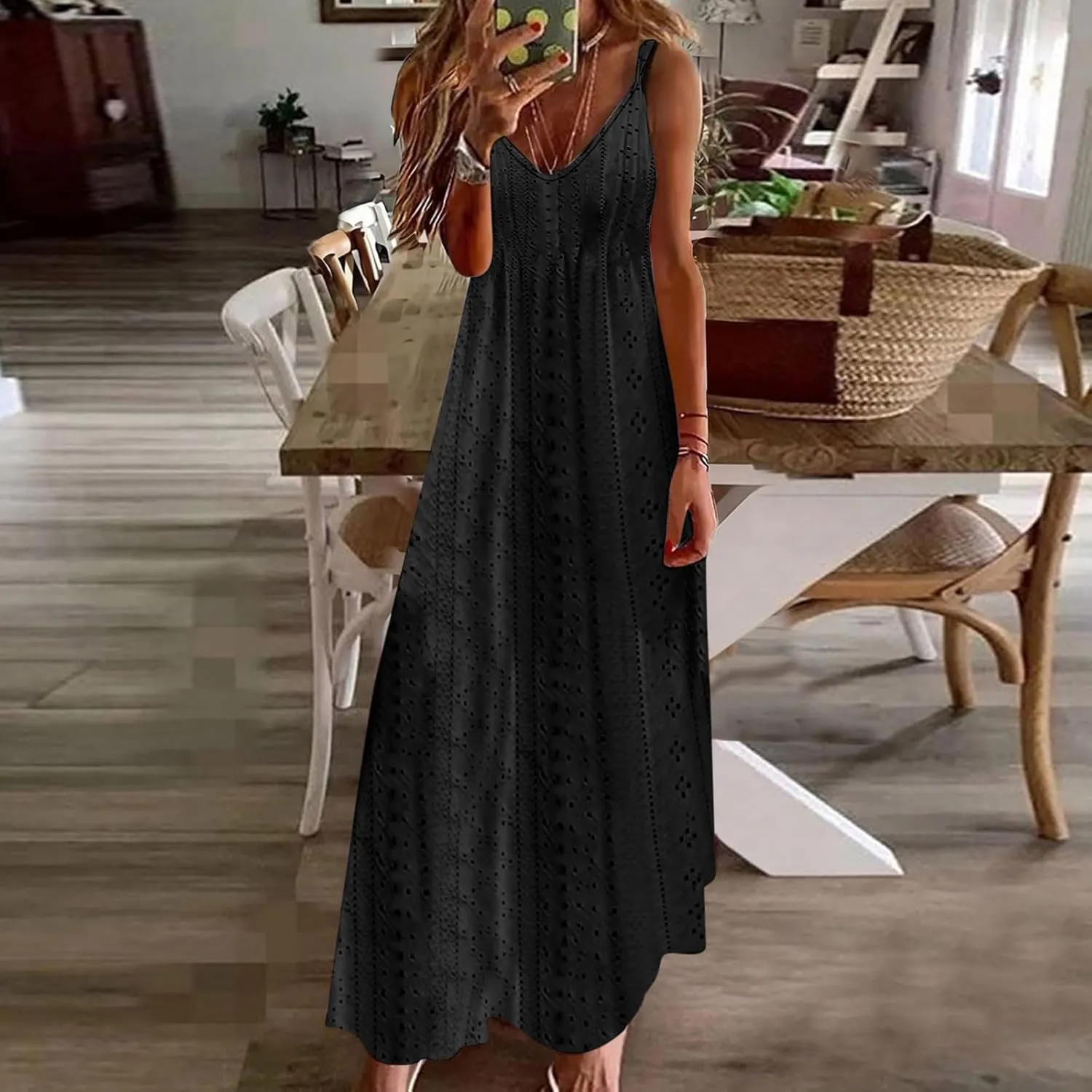 Summer Dresses for Women 2024 Spaghetti Strap V Neck Eyelet Maxi Dress Elegant Casual Sleeveless Hollow Out Sundress