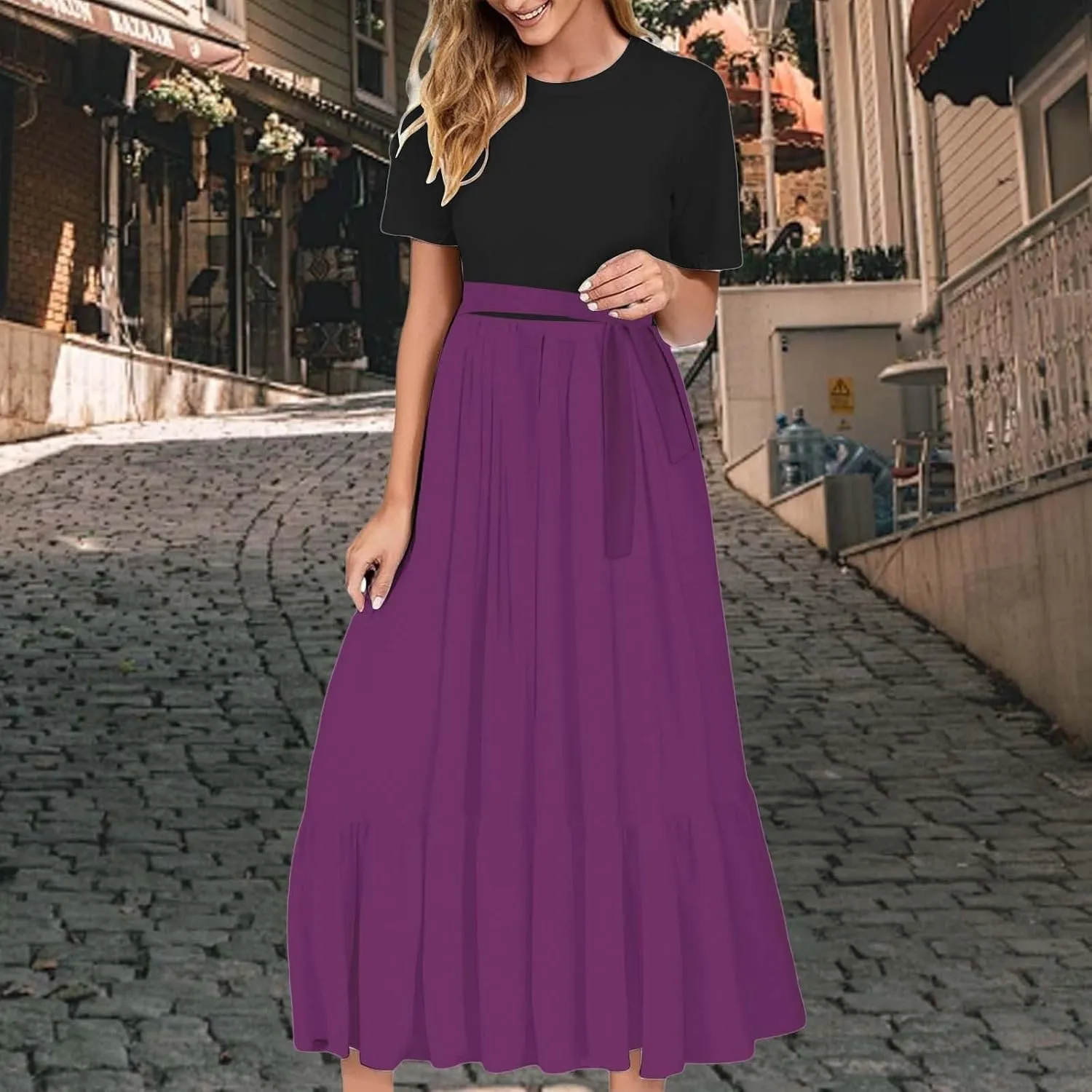 Summer Dresses for Women 2025 Floral Print Wrap Short Bell Sleeve Patchwork Three Layer Ruffle Hem A Line Maxi Dress