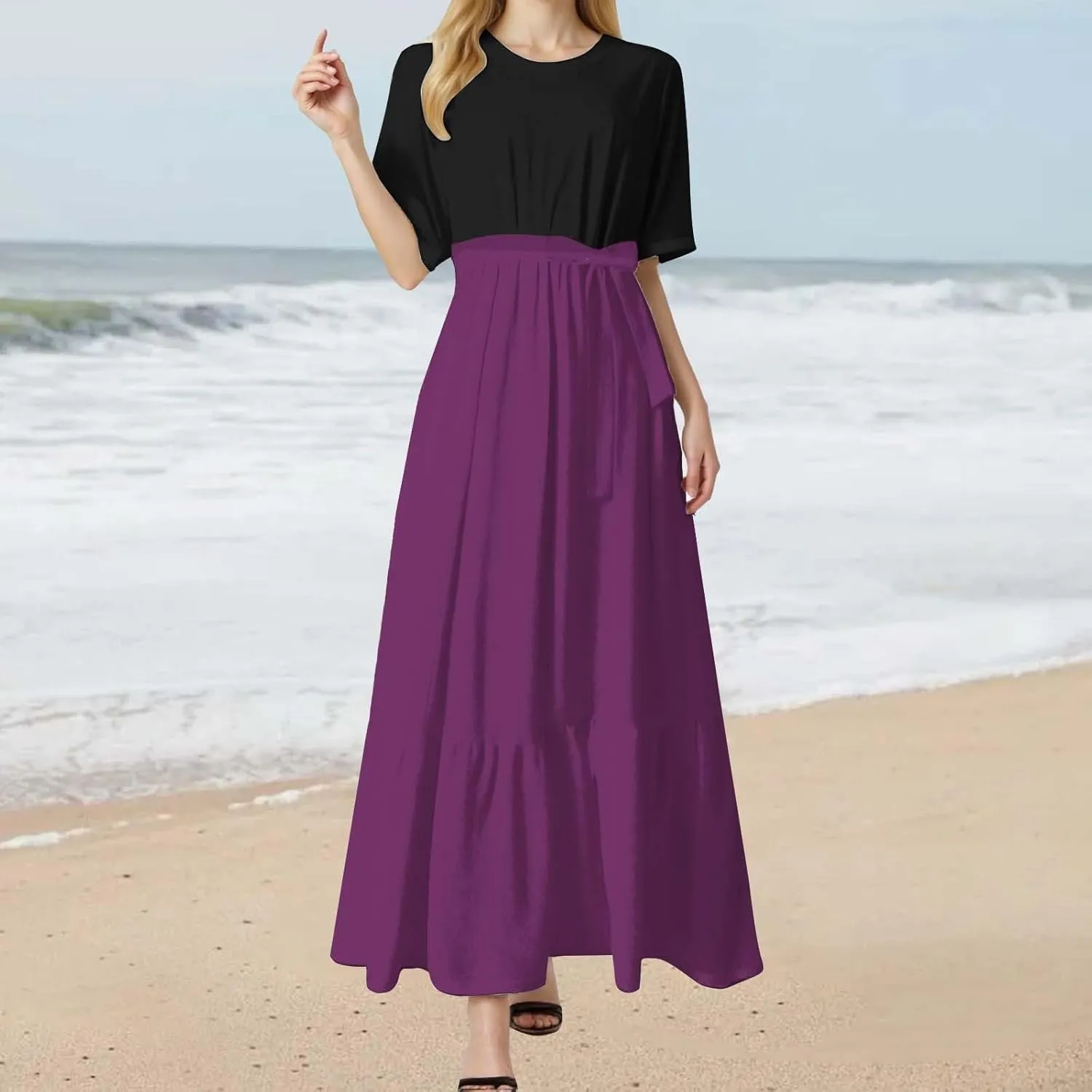 Summer Dresses for Women 2025 Floral Print Wrap Short Bell Sleeve Patchwork Three Layer Ruffle Hem A Line Maxi Dress