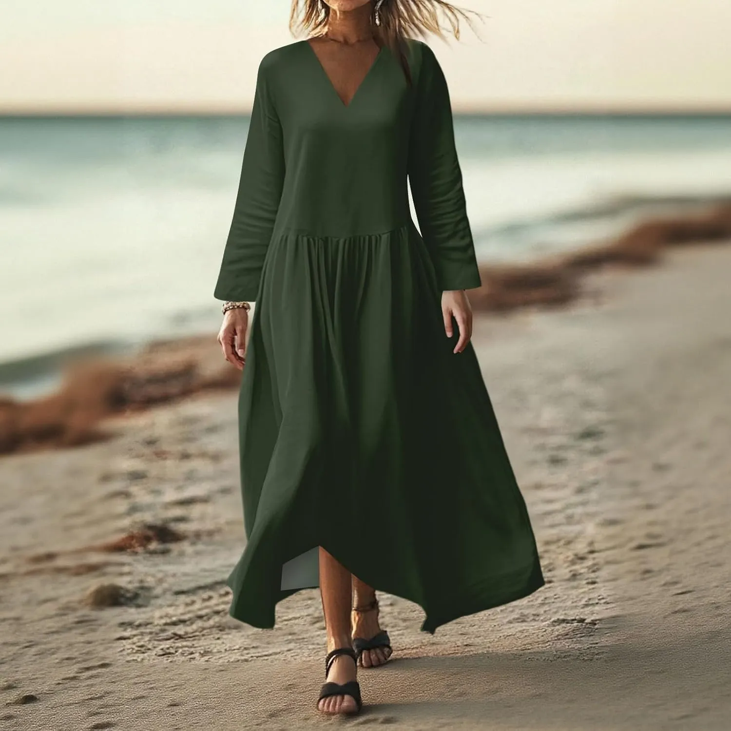 Summer Dresses for Women 2025 Long Sleeve V-Neck Flowy Ankle-Length Maxi Dress Lightweight Beach Vacations Boho Dress