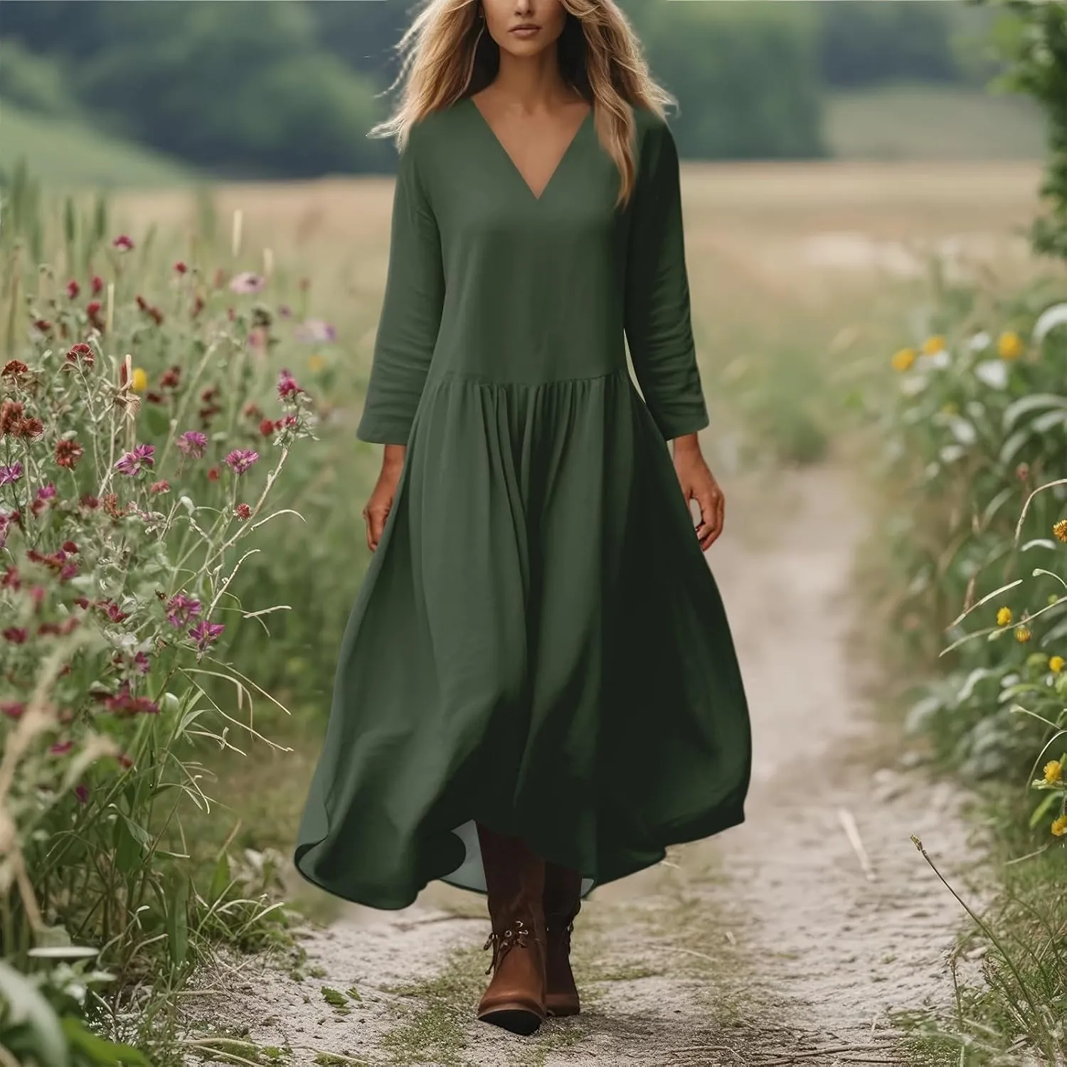 Summer Dresses for Women 2025 Long Sleeve V-Neck Flowy Ankle-Length Maxi Dress Lightweight Beach Vacations Boho Dress