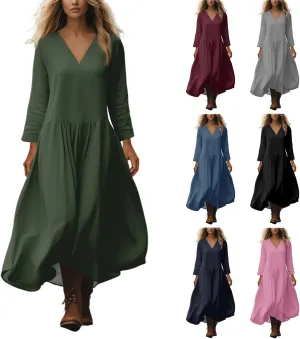Summer Dresses for Women 2025 Long Sleeve V-Neck Flowy Ankle-Length Maxi Dress Lightweight Beach Vacations Boho Dress