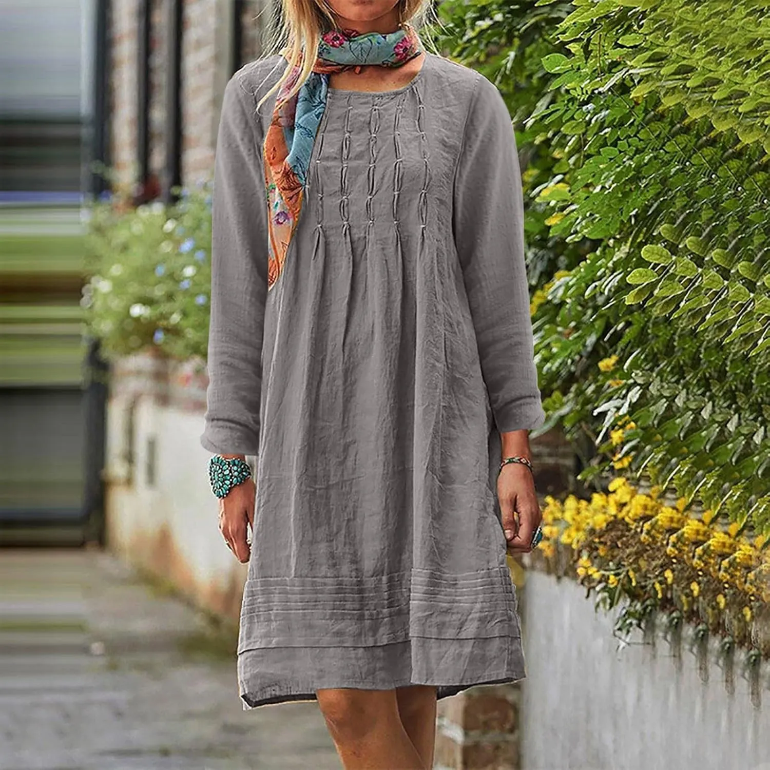 Summer Dresses for Women 2025 Vacation Cotton Linen Sundresses Casual Long Sleeve Crewneck Loose Boho Beach Clothes