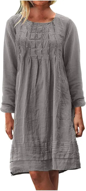 Summer Dresses for Women 2025 Vacation Cotton Linen Sundresses Casual Long Sleeve Crewneck Loose Boho Beach Clothes