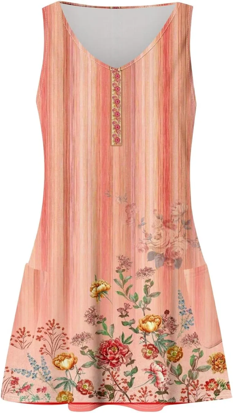 Summer Dresses for Women Beach Sleeveless Swimsuit Coverup Casual Vacation Sundress Printed 2025 Dress with Pocket