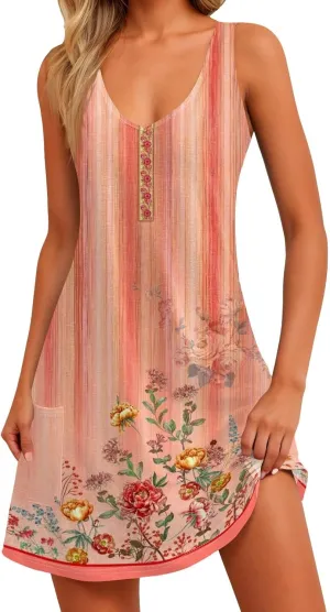 Summer Dresses for Women Beach Sleeveless Swimsuit Coverup Casual Vacation Sundress Printed 2025 Dress with Pocket