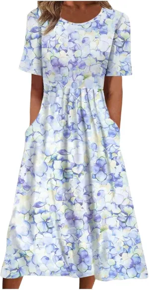 Summer Dresses for Women Short Sleeve Floral Print Boho Dress Flowy Elastic Waist Crewneck Beach Dress 2024