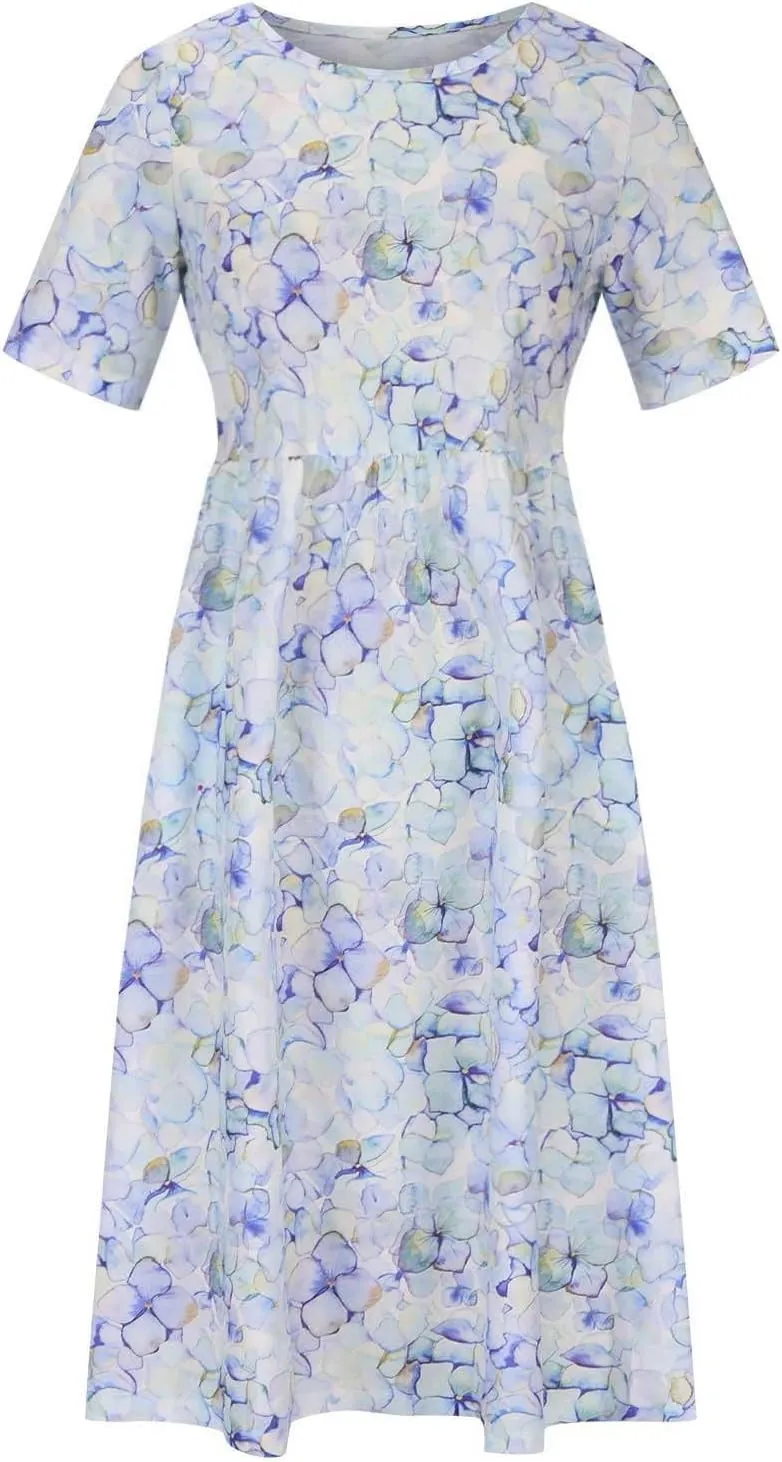 Summer Dresses for Women Short Sleeve Floral Print Boho Dress Flowy Elastic Waist Crewneck Beach Dress 2024
