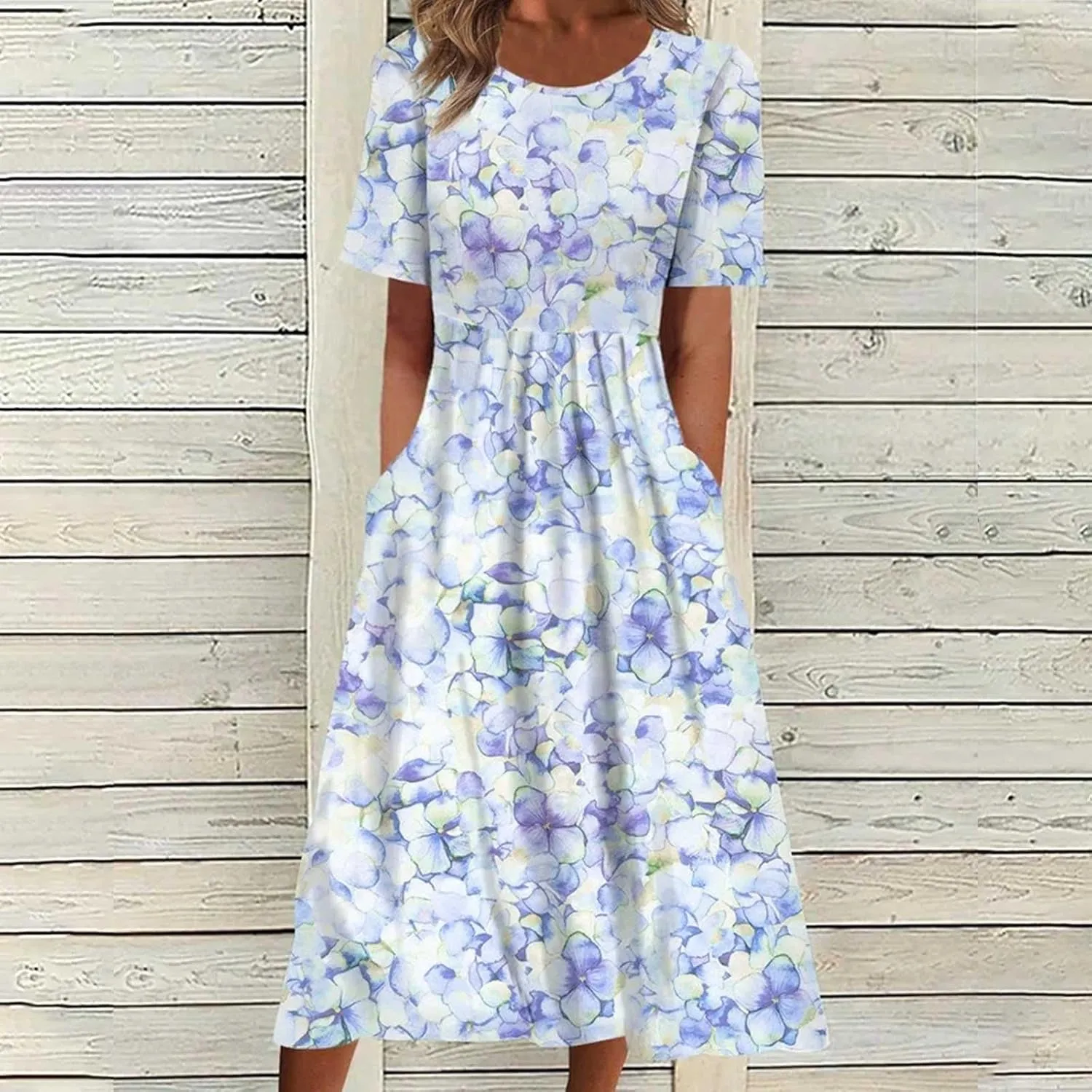 Summer Dresses for Women Short Sleeve Floral Print Boho Dress Flowy Elastic Waist Crewneck Beach Dress 2024