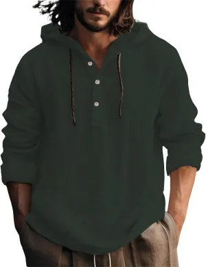 Summer Hoodies for Men Short Sleeve Beach Hooded Linen Shirts Button Down Lightweight Fashion Casual Loose Fit Shirt