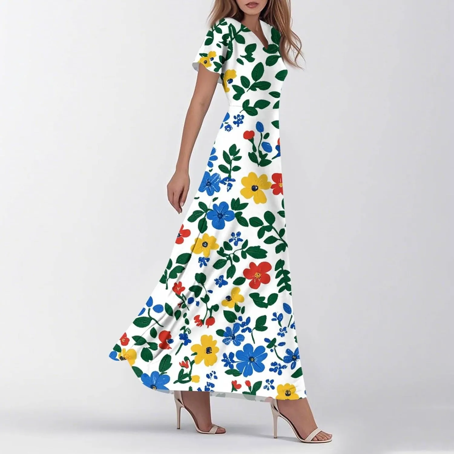 Summer Outfits for Women,Women's Loose Casual V-Neck Short Sleeved High Waisted Print Chiffon Dress