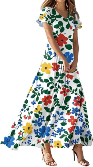 Summer Outfits for Women,Women's Loose Casual V-Neck Short Sleeved High Waisted Print Chiffon Dress