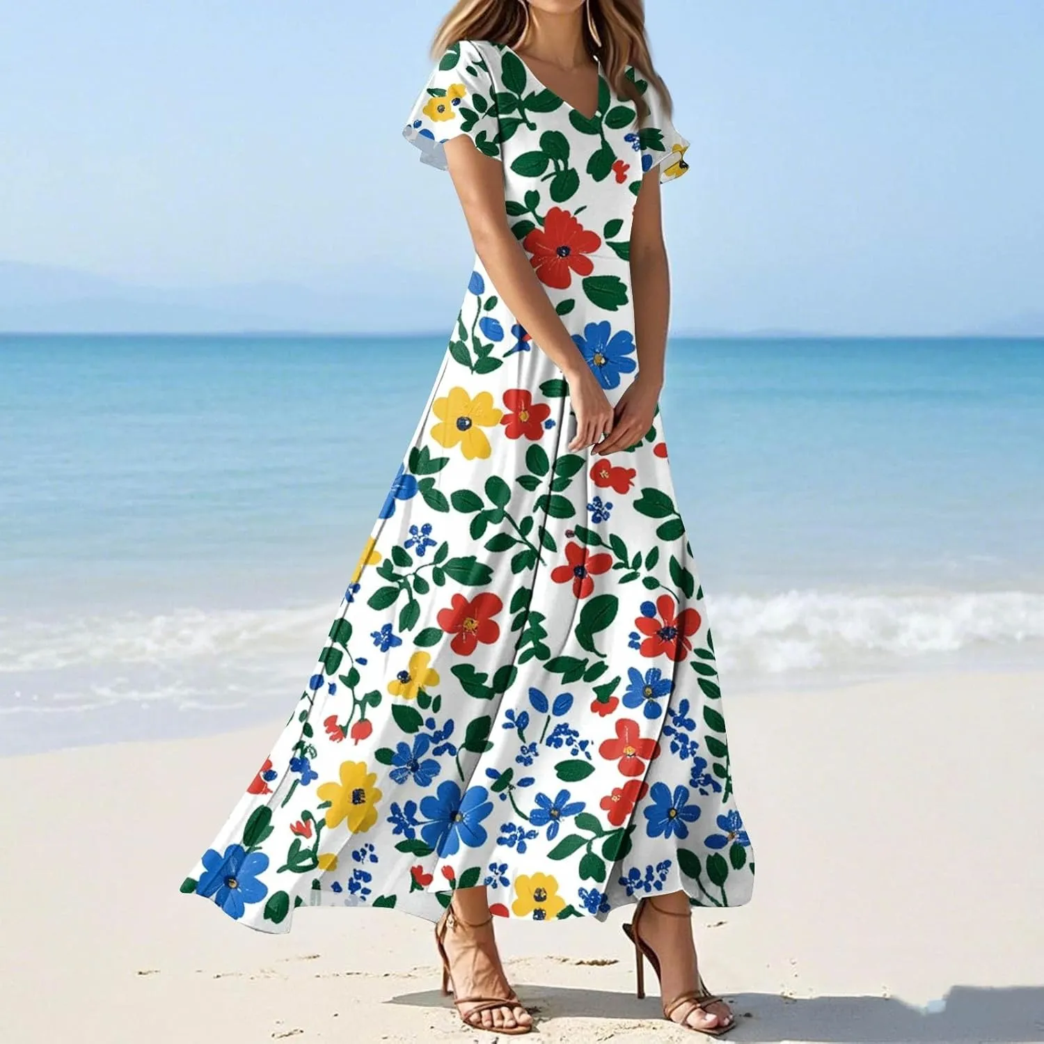 Summer Outfits for Women,Women's Loose Casual V-Neck Short Sleeved High Waisted Print Chiffon Dress