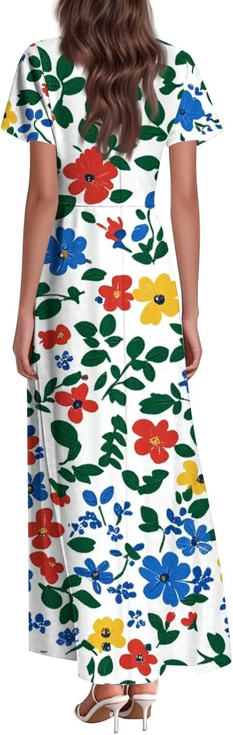 Summer Outfits for Women,Women's Loose Casual V-Neck Short Sleeved High Waisted Print Chiffon Dress