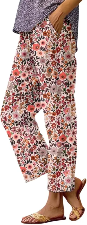 Summer Pants for Women 2025 Vacation Casual Boho Floral Print Cotton Linen Pants Fashion Wide Leg Stripe Lounge Pant