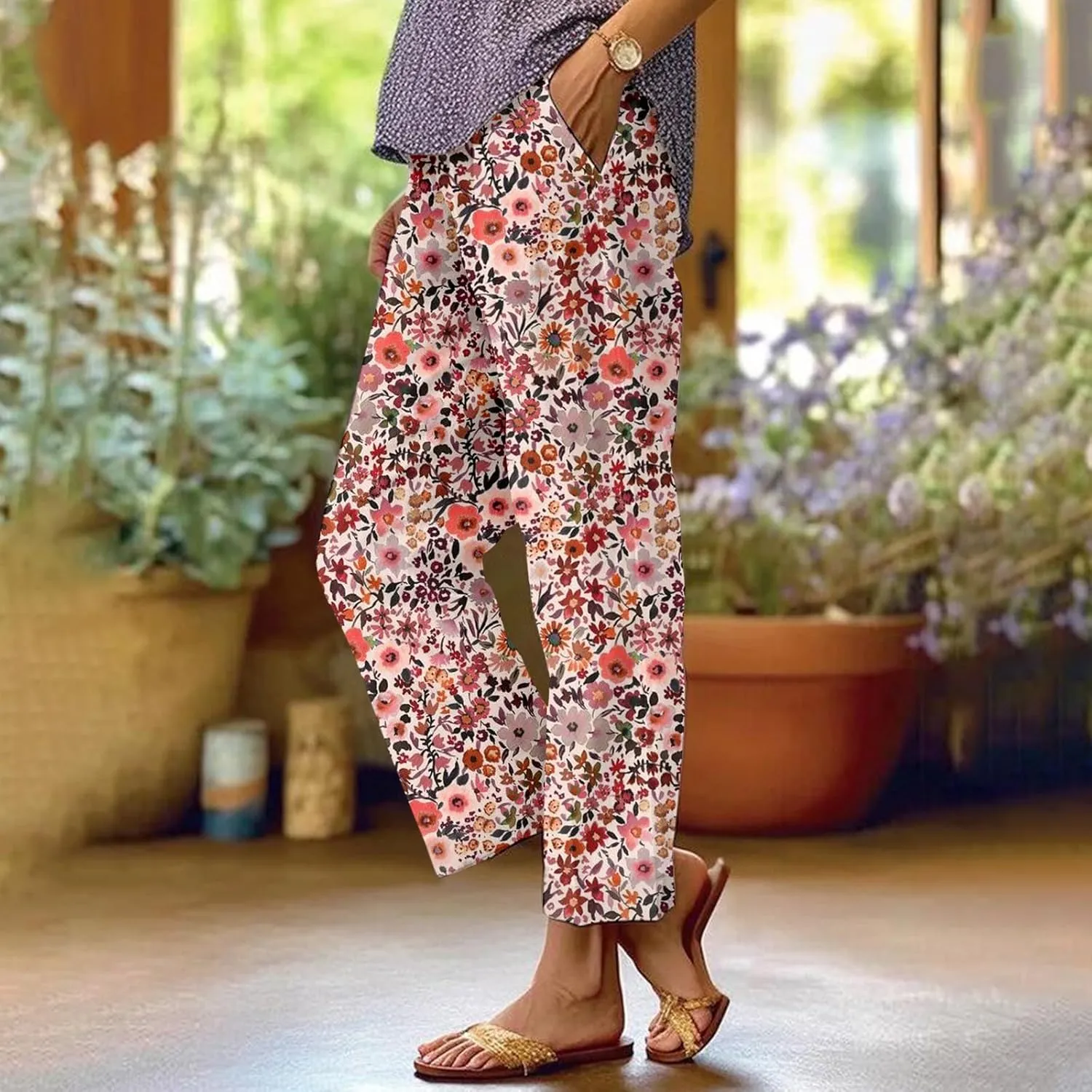Summer Pants for Women 2025 Vacation Casual Boho Floral Print Cotton Linen Pants Fashion Wide Leg Stripe Lounge Pant