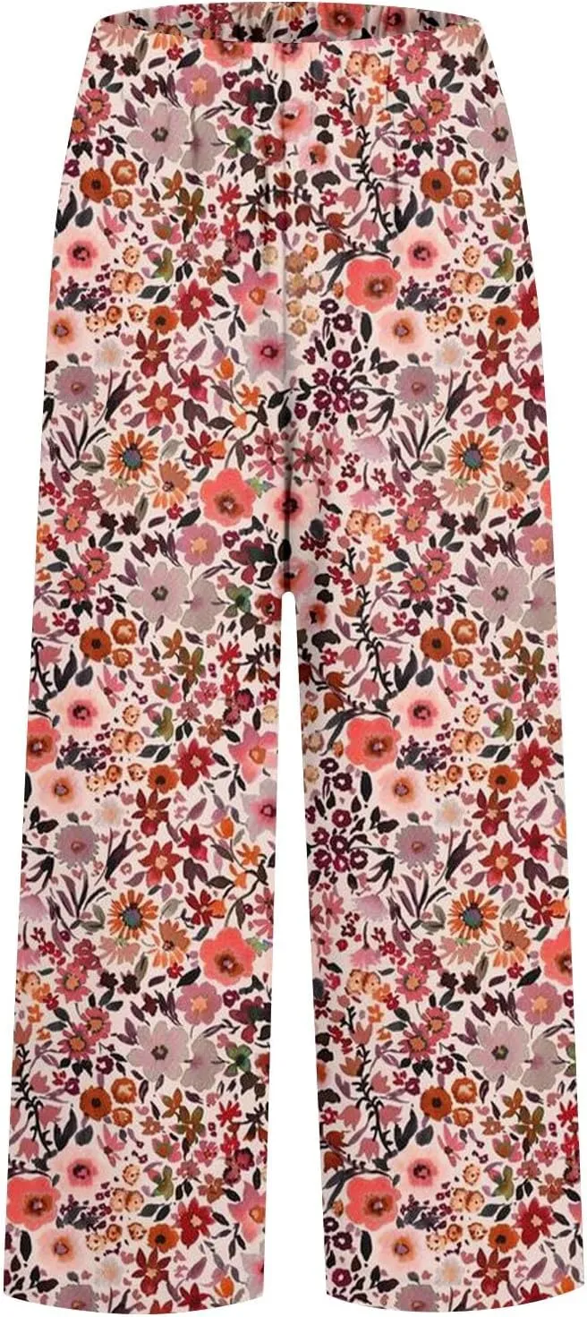 Summer Pants for Women 2025 Vacation Casual Boho Floral Print Cotton Linen Pants Fashion Wide Leg Stripe Lounge Pant