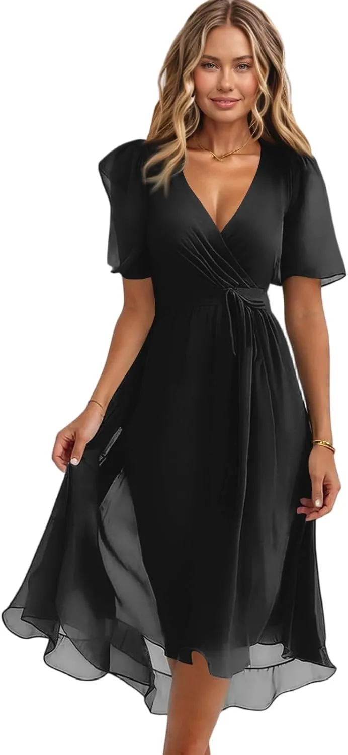 Summer Women's Tunic Dress Casual Fashion Solid Color Short Sleeve Deep V Neck Strapless Pleated Hem Dresses
